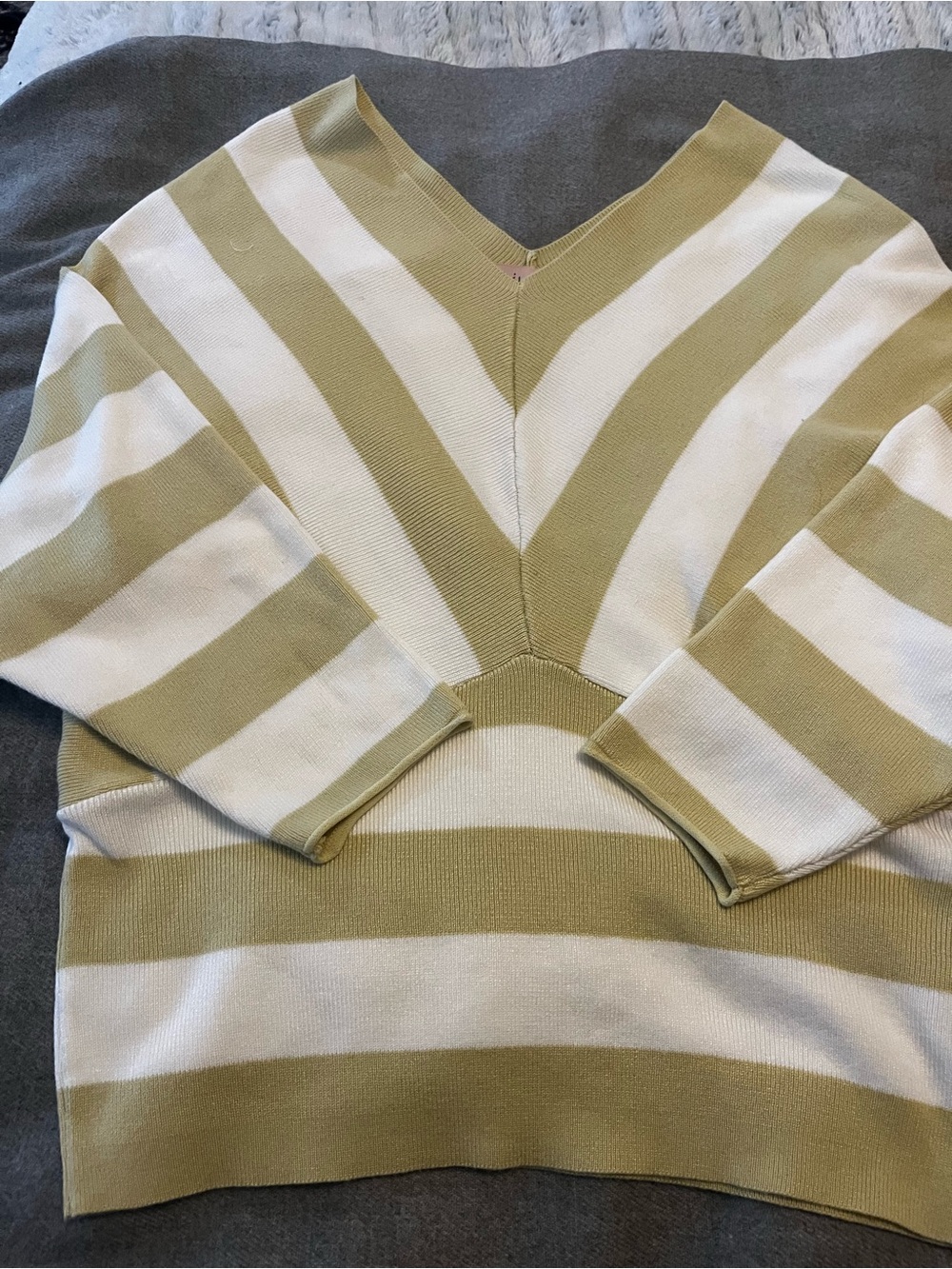 Philosophy Olive Green and Cream Striped V-Neck Sweater